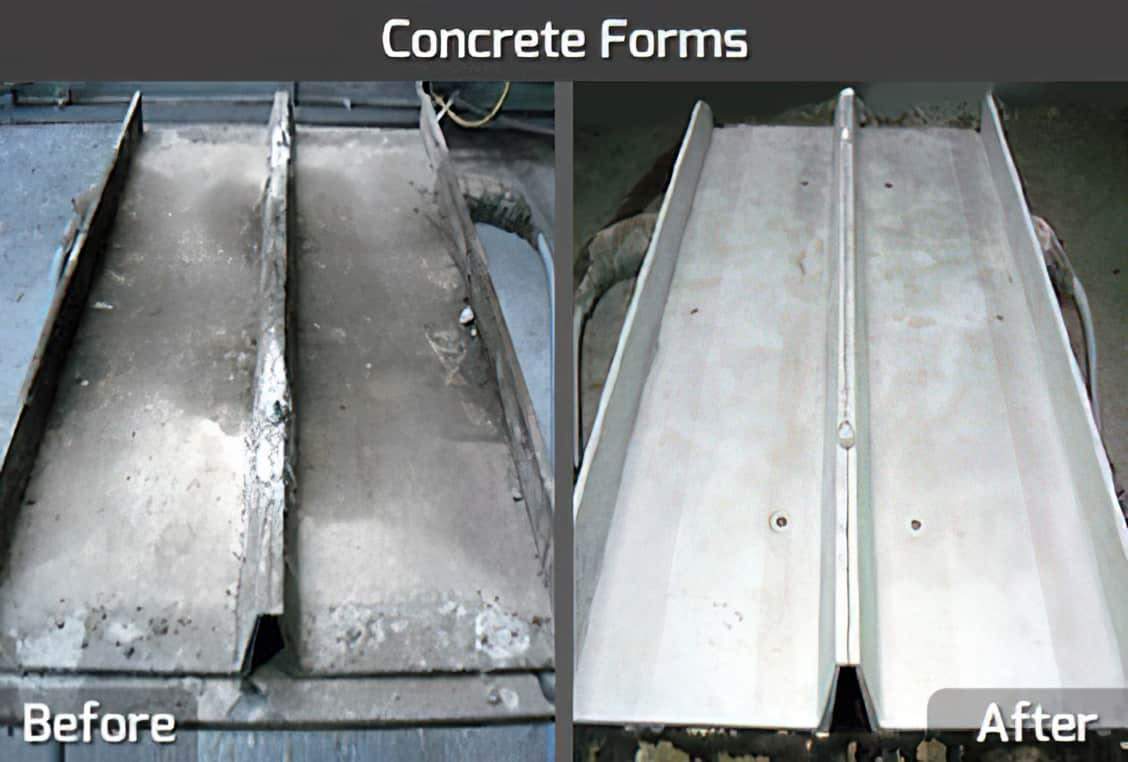 The image displays a before and after comparission of a concrete wall forms. The before image shows a dark and dirty wall form , while the after image shows a clean  and shiny wall form
