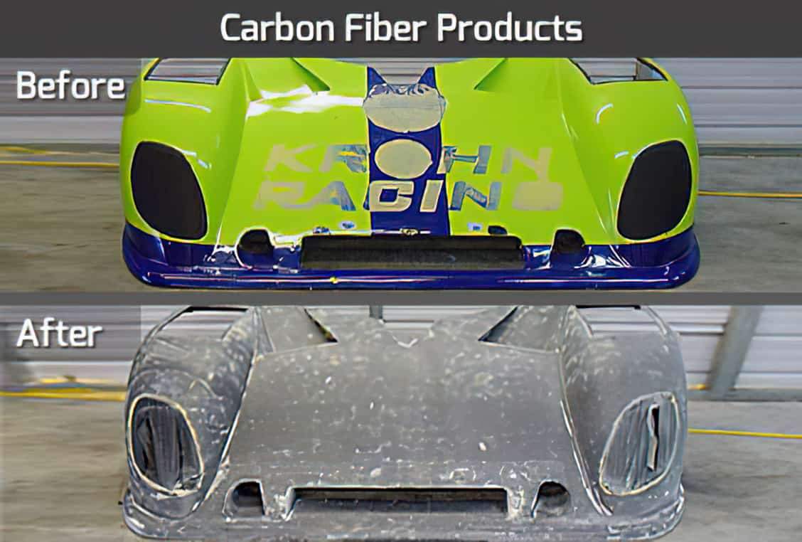 The image displays a carbon fiber product. Initially, the product is covered with  yellow and blue paint, and after cleaning, it show the original unpainted surface.