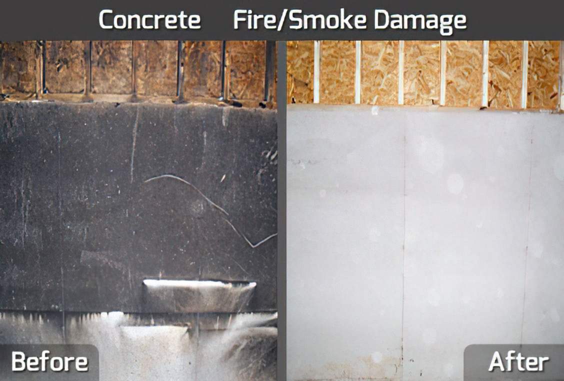 A before-and-after comparison of a concrete wall, showing it dark and dirty initially, and then cleaned and lighter post fire/smoke damage restoration.