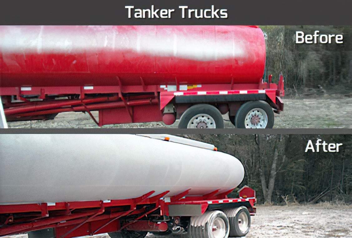 A before and after comparison of a tanker truck, where the tank is dirty and red initially, and then cleaned and repainted to a shiny silver color.