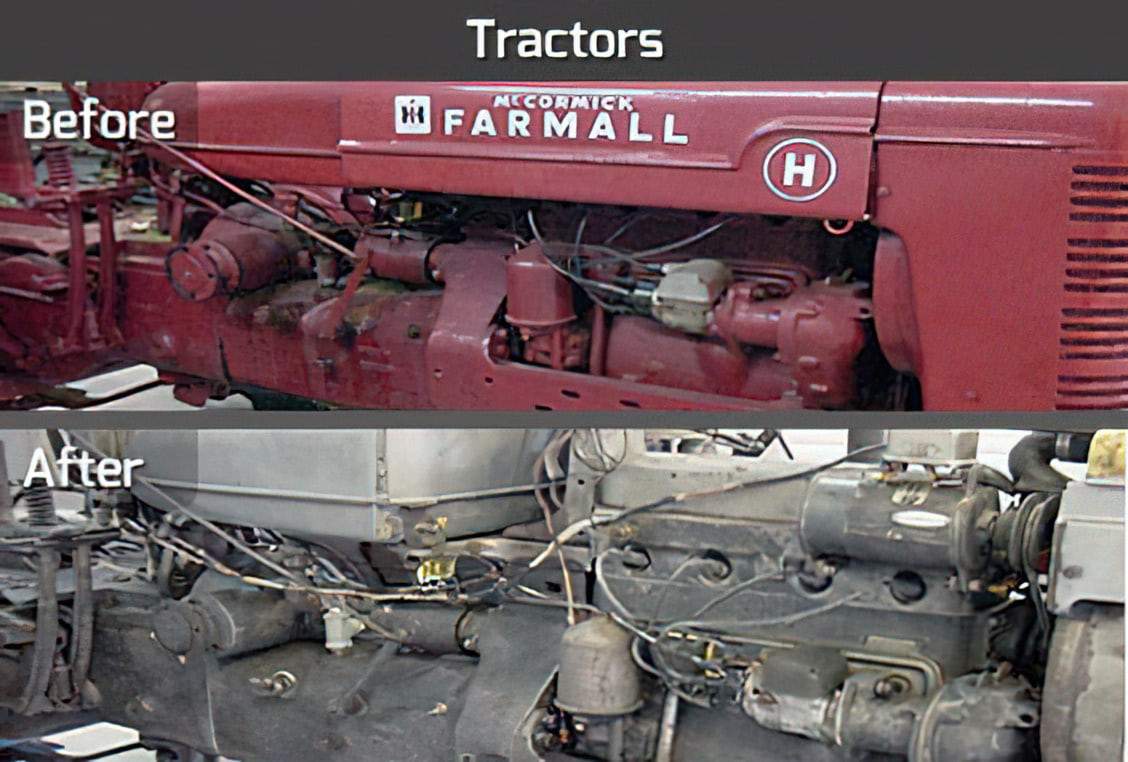 A before-and-after comparison of a McCormick Farmall tractor, showing its transformation from a rusty, red, and worn state to a restored, cleaner, and grayish well-maintained condition.